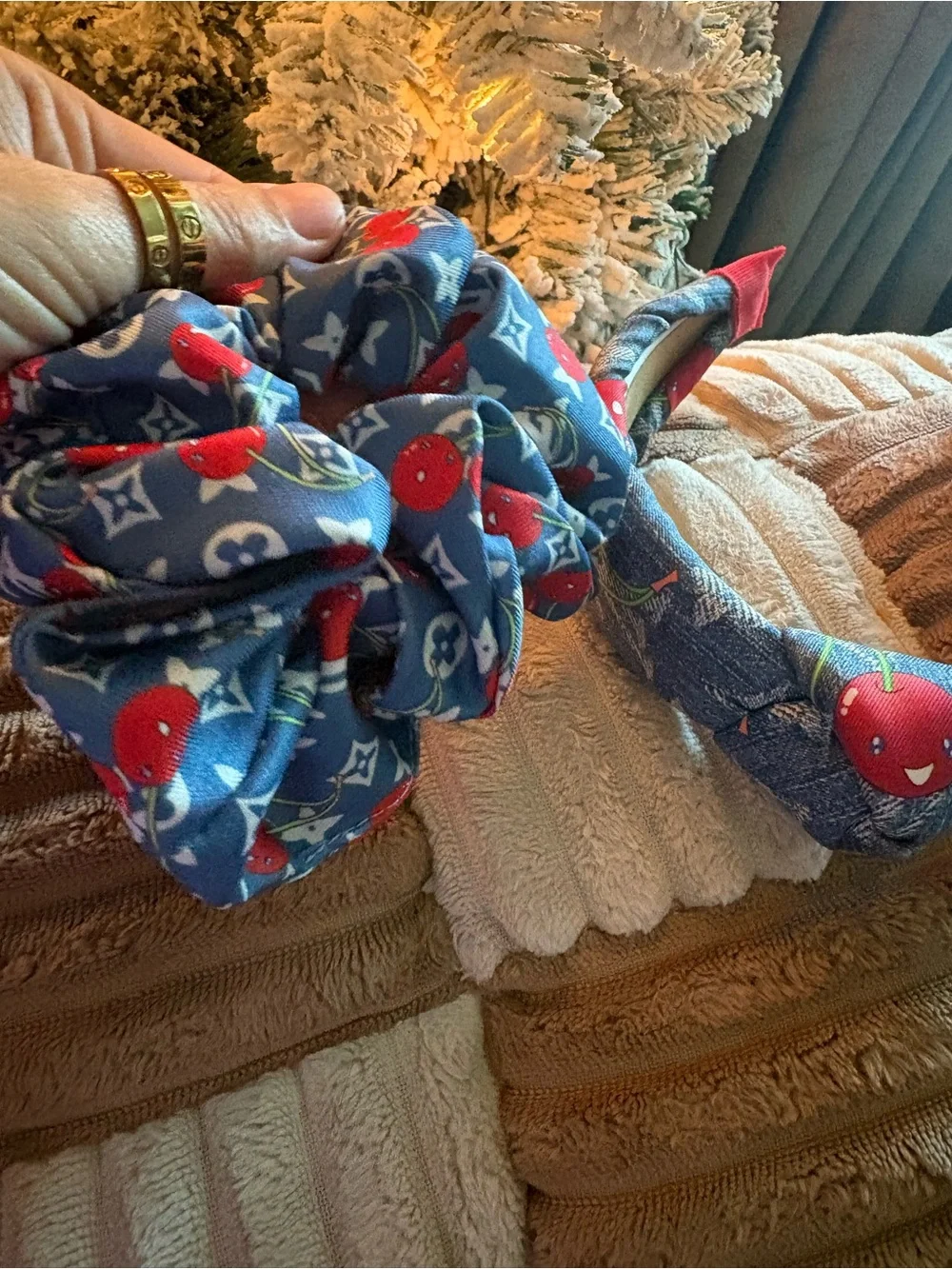 Fashion Blue Cherry Print Kids Headband & Scrunchie Set